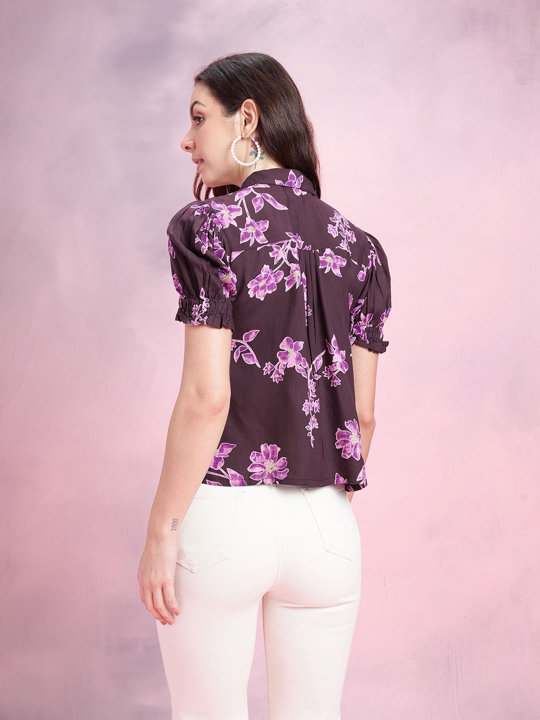 DressBerry Floral Print Puff Sleeves Shirt Style Top