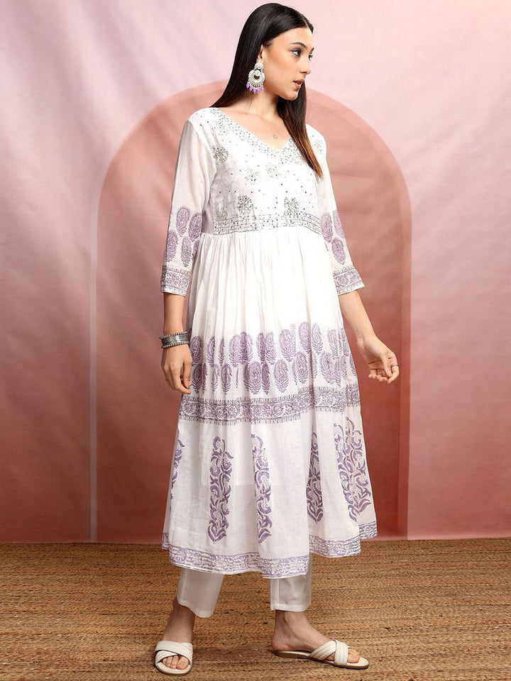 Vishudh Ethnic Motifs Embroidered Pure Cotton Anarkali Kurta & Trousers With Dupatta
