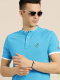Menjadi T-Shirt Lelaki Mandarin Mandarin Biru T-shirt Slim Cotton Fit dengan Cetakan Logo Jenama