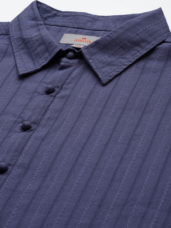 Anouk Striped Shirt Collar Pure Cotton Kurta