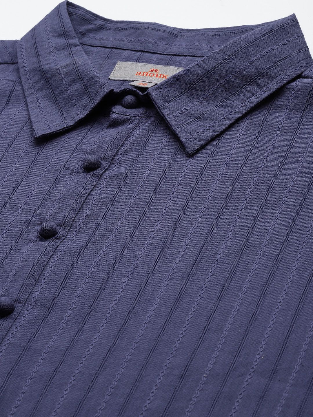 Anouk Striped Shirt Collar Pure Cotton Kurta