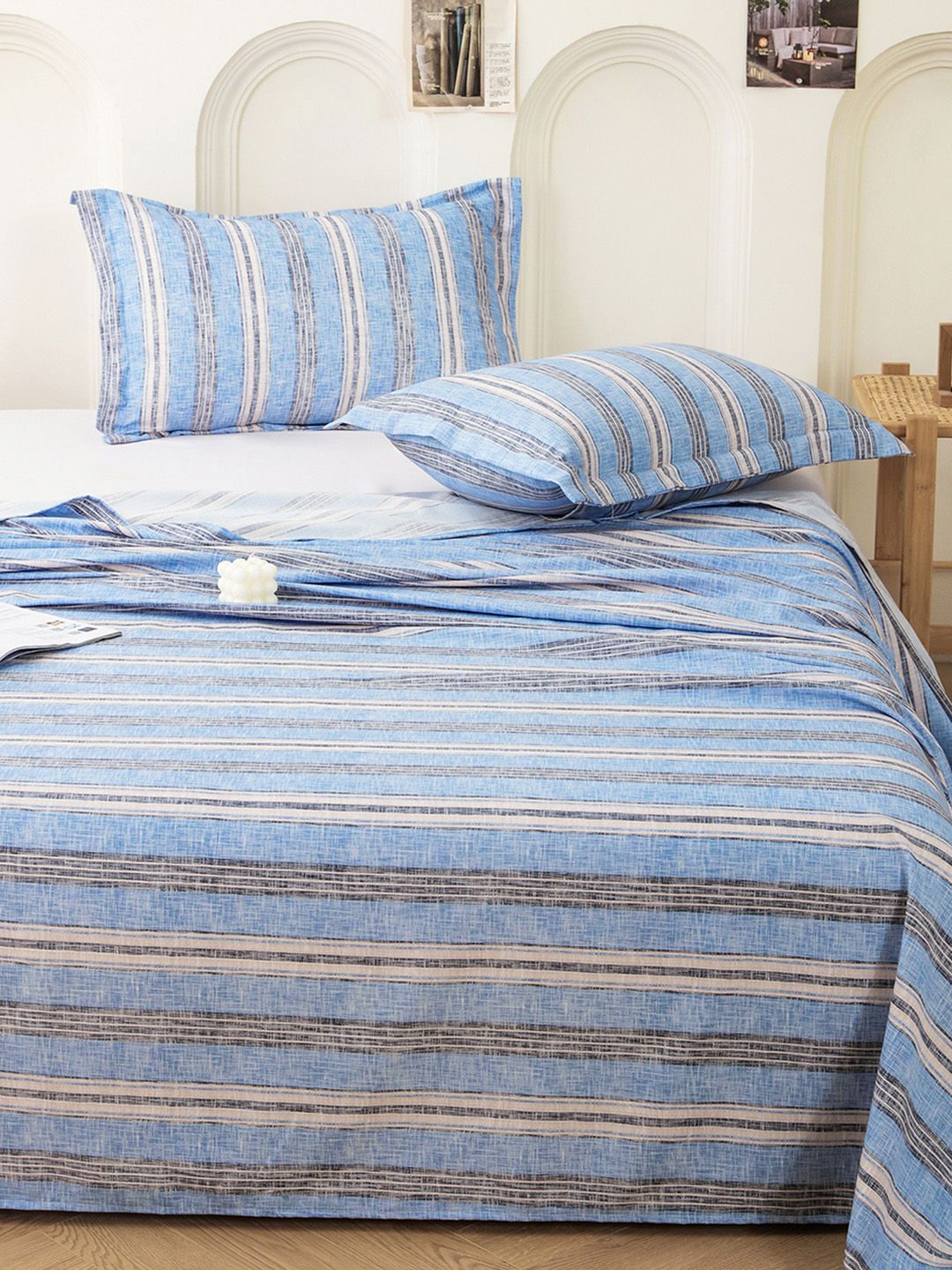 Story@home Aviator Blue 240 TC Cotton Striped King Bedsheet with 2 Pillow Covers