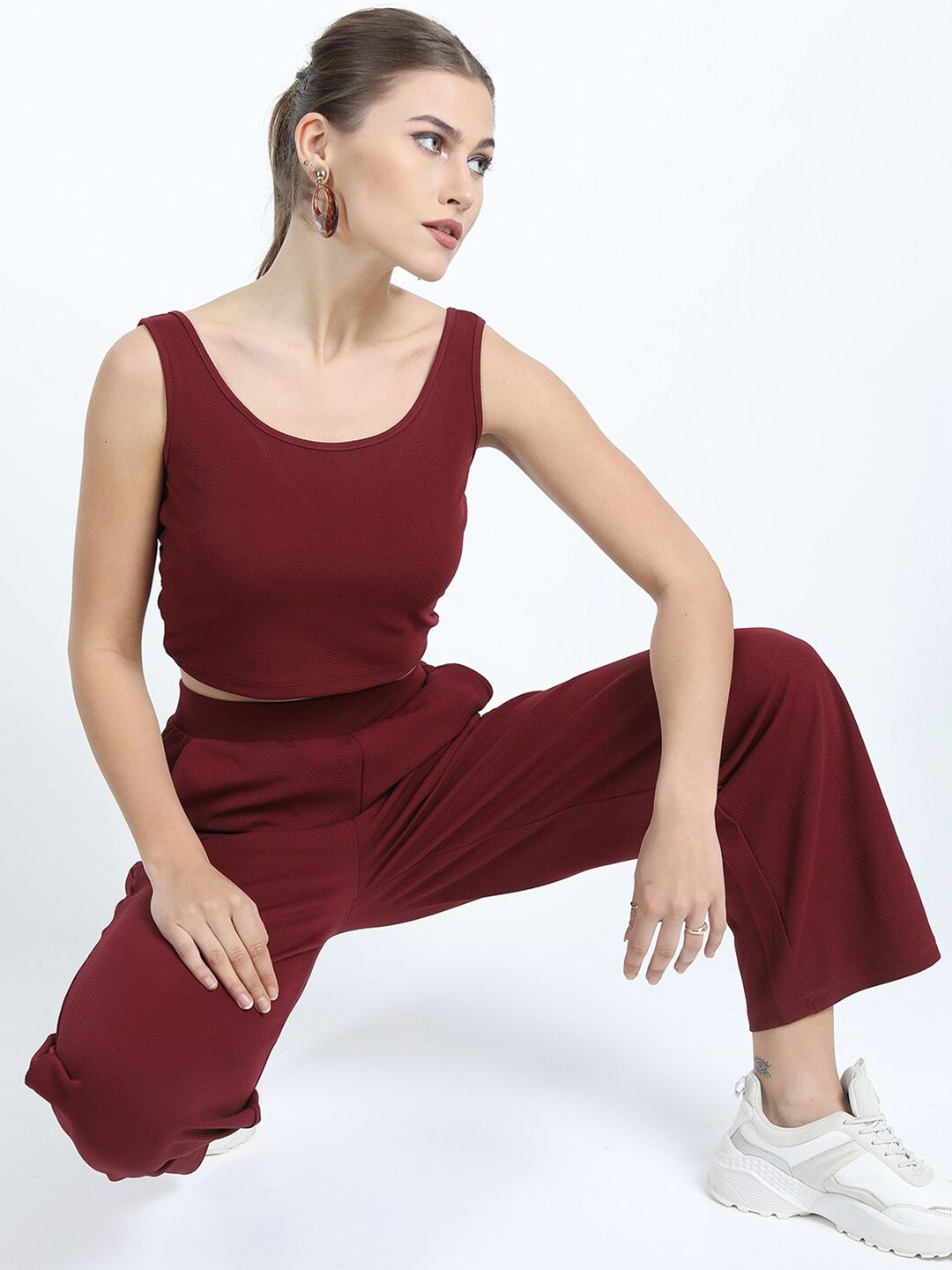 Tokyo Talkies Women Burgundy Crop Co-Ords