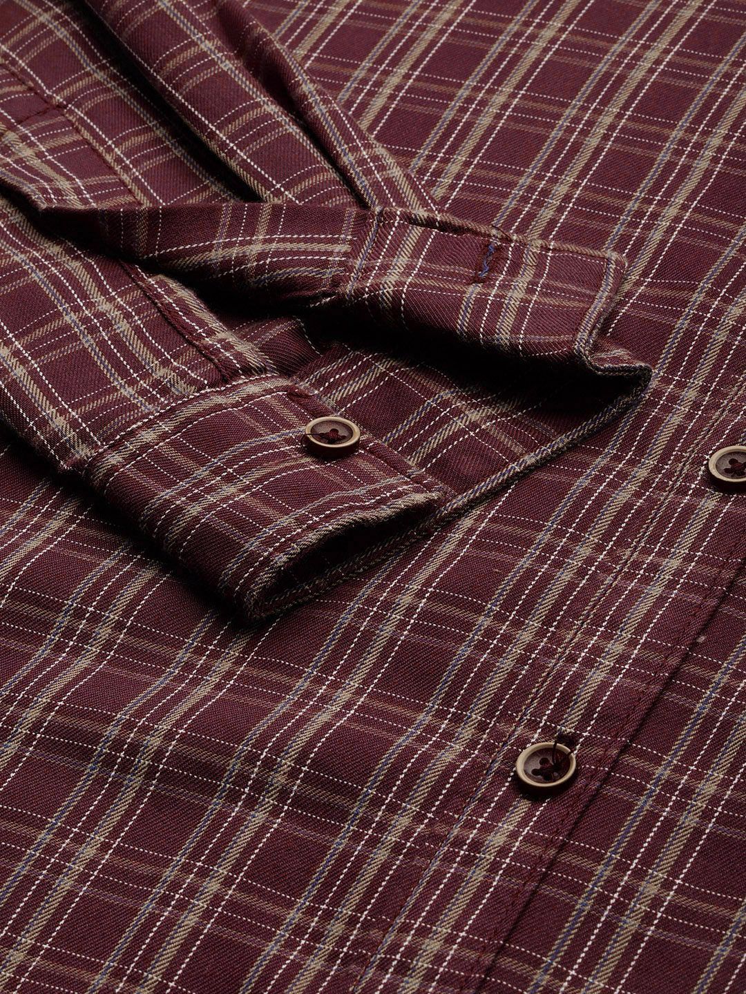 The Indian Garage Co Men Burgundy & Beige Checked Cotton Casual Shirt