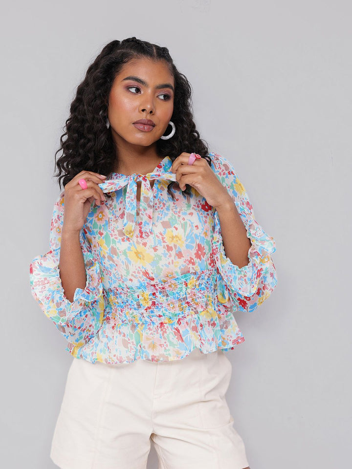 Dressberry Floral Fest Smocked Semi Sheer A-Line Top