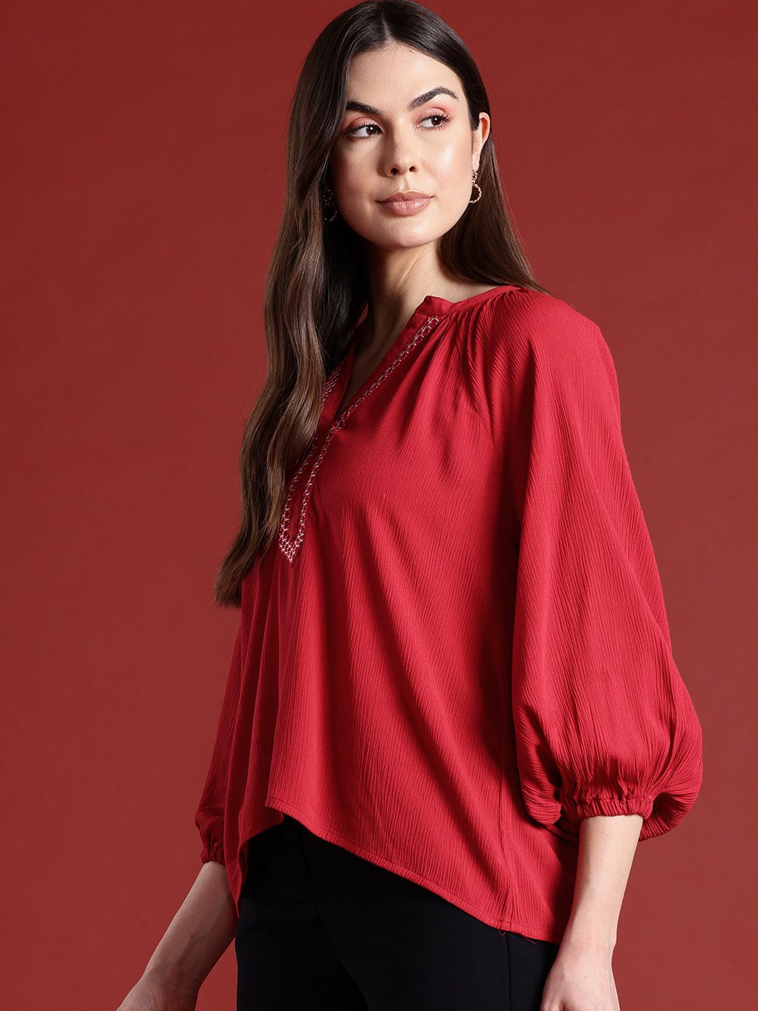 all about you Mandarin Collar Raglan Puffed Sleeves Embroidered Detail Top