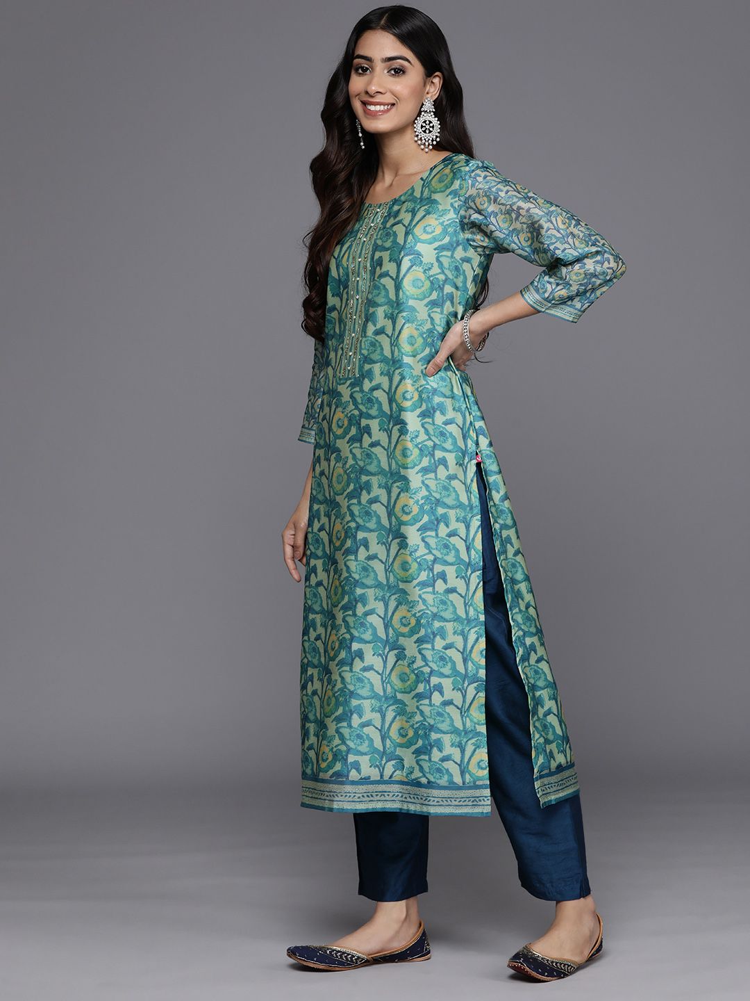 Varanga Sea Green Floral Printed Hand work Kurta with Trousers & Dupatta