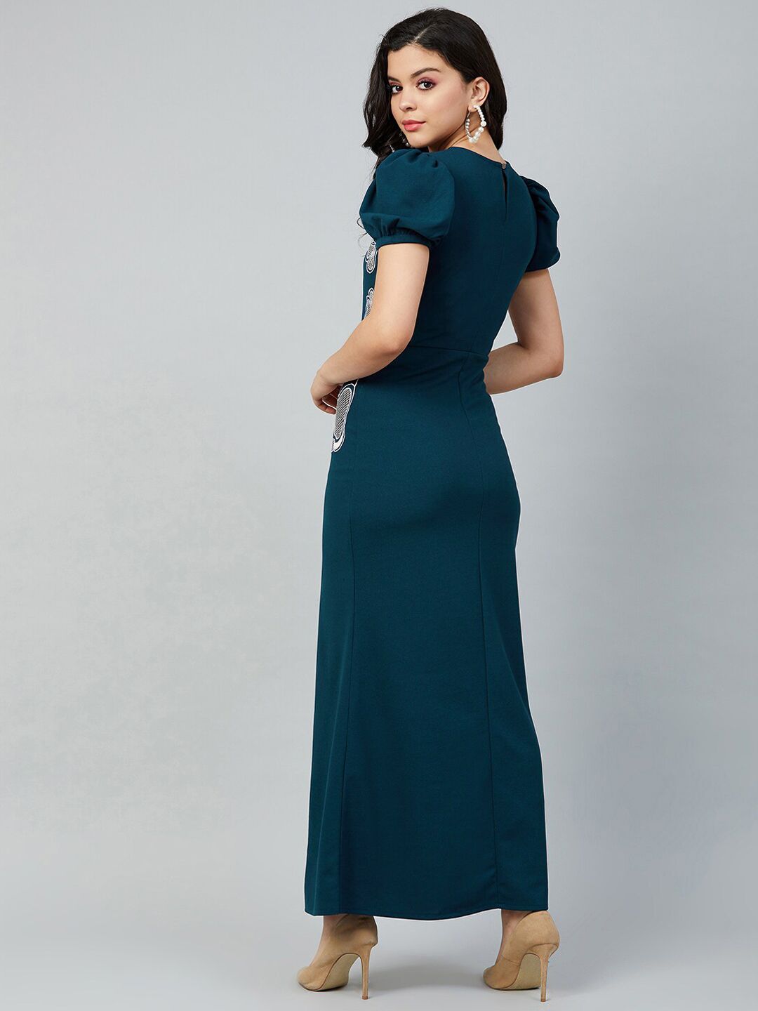 Athena Teal Blue & White Embroidered Maxi Dress