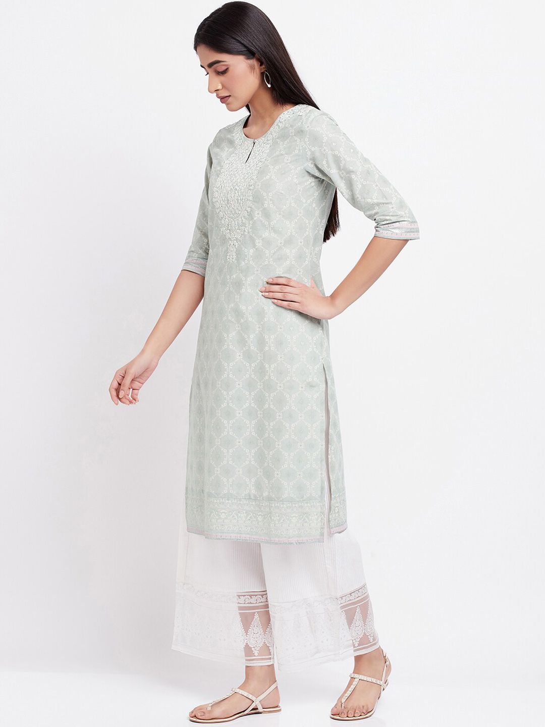 W Green & White Ethnic Printed Thread Work Sequined Pure Cotton Kurta with Palazzos