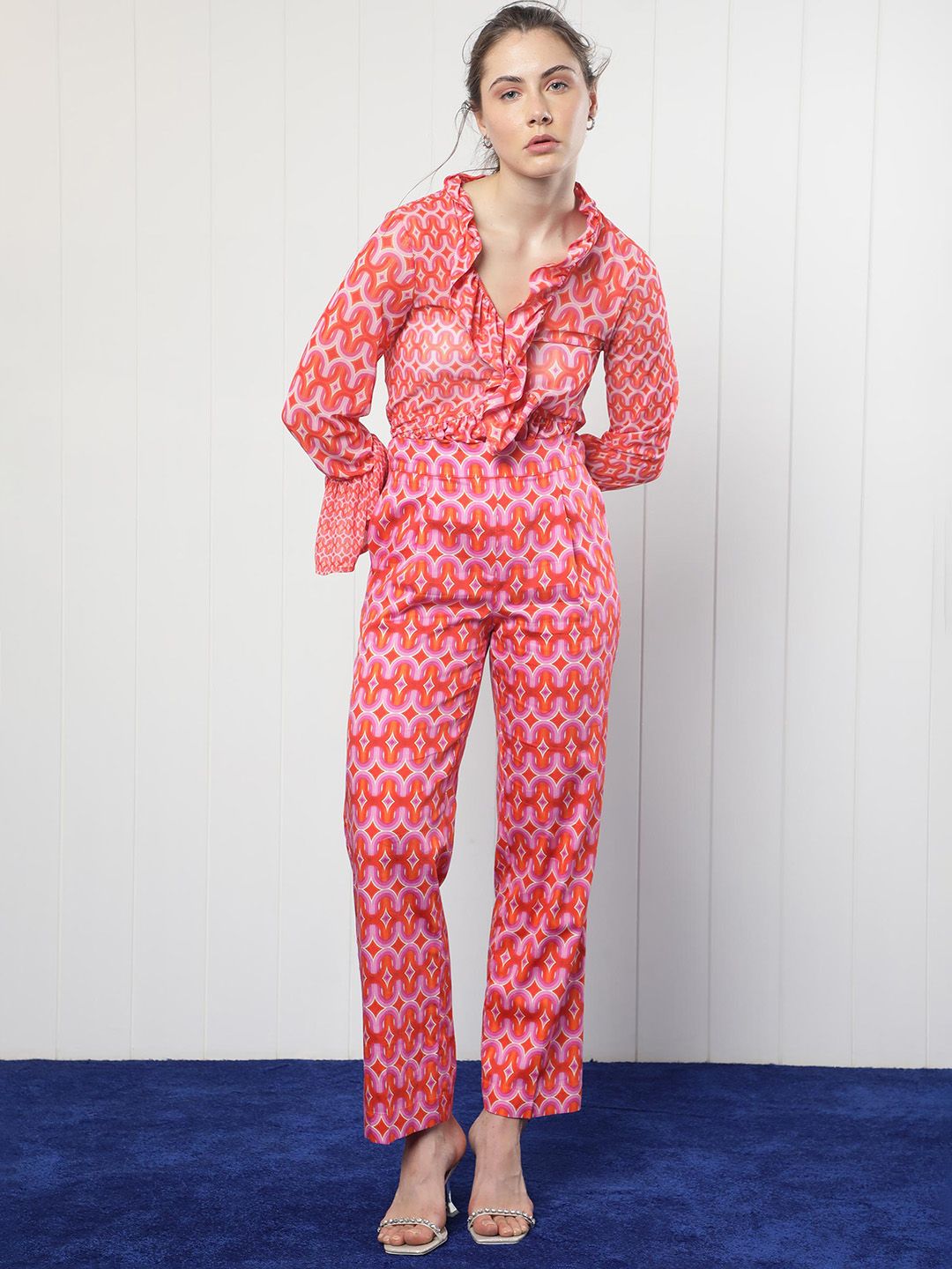 RAREISM Women Geometric Printed Slim Fit Pure Cotton Trousers