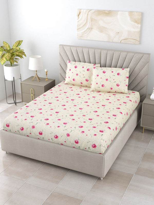 BOMBAY DYEING Dream Lover Beige Floral Cotton 104 TC Queen Bedsheet Set 2.54 x 2.24m
