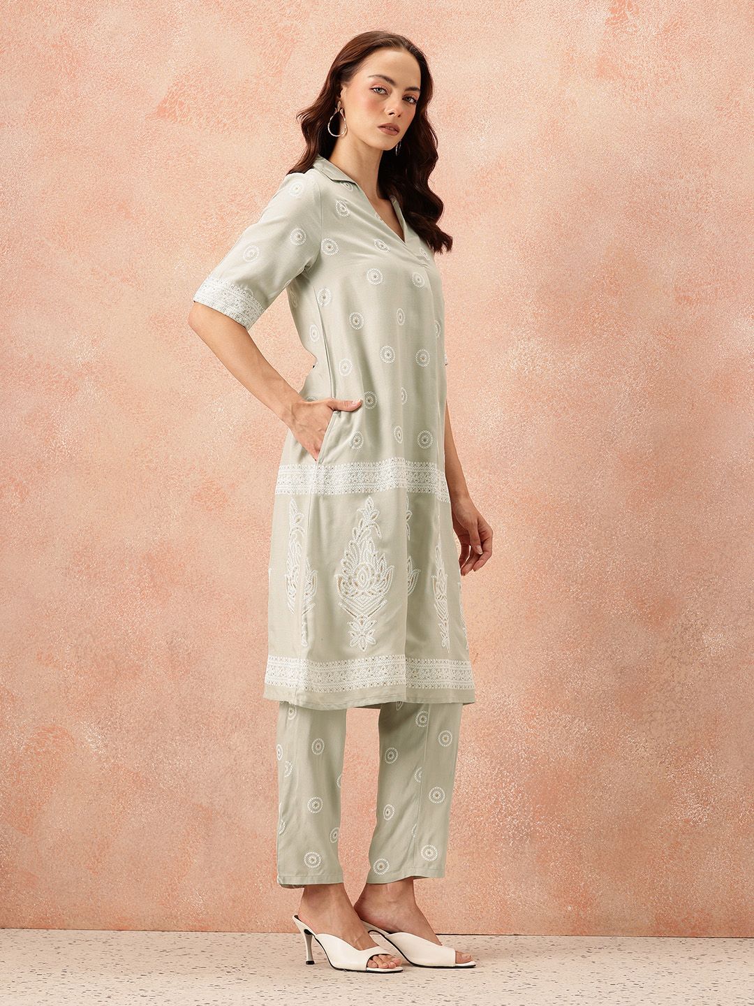 all about you Ethnic Motifs Printed Shirt Collar A-Line Kurta with Trousers