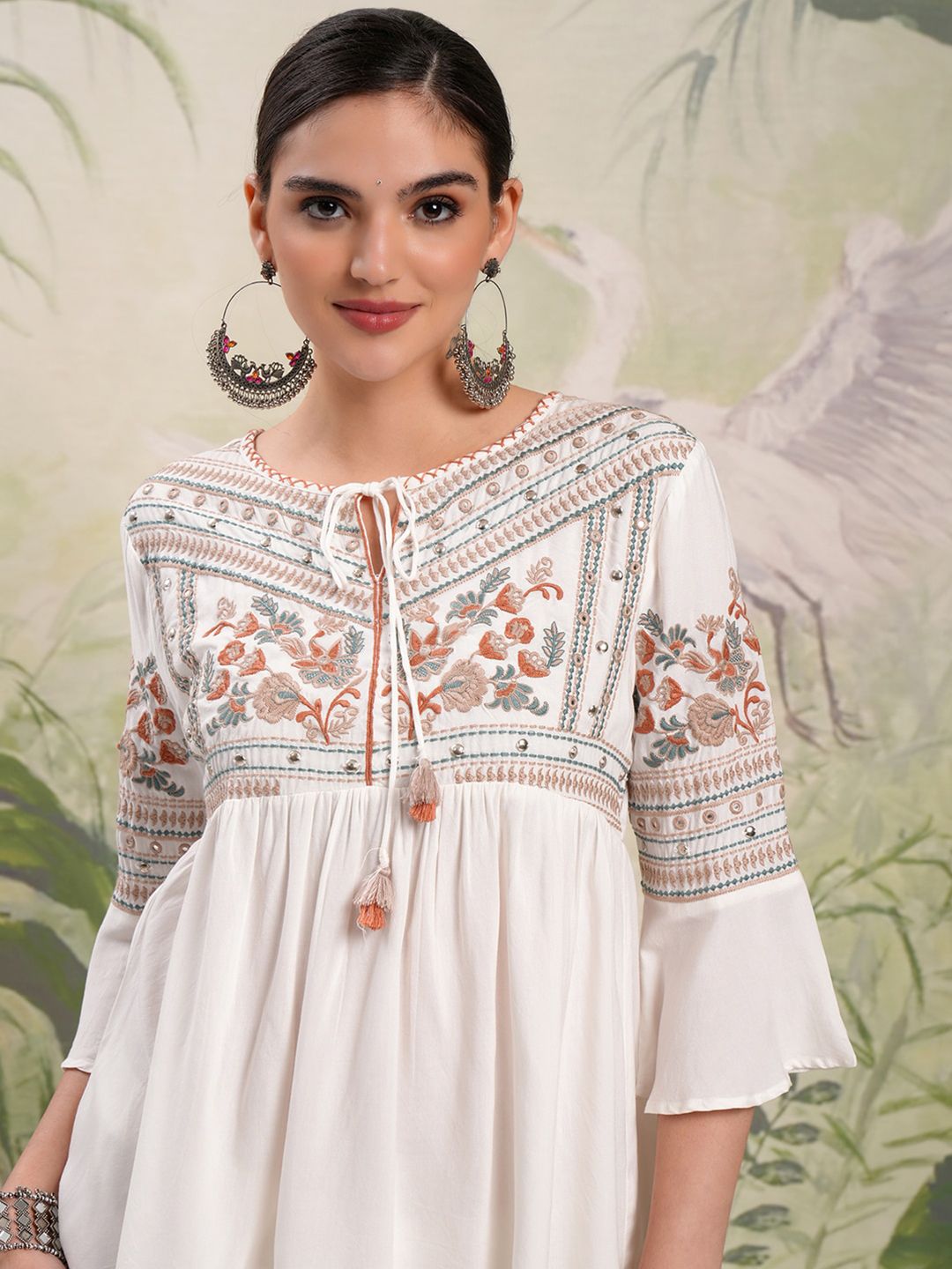 Vishudh White Floral Embroidered Tie-Up Neck Flared Sleeves Short A-Line Top