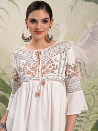 Vishudh White Floral Embroidered Tie-Up Neck Flared Sleeves Short A-Line Top