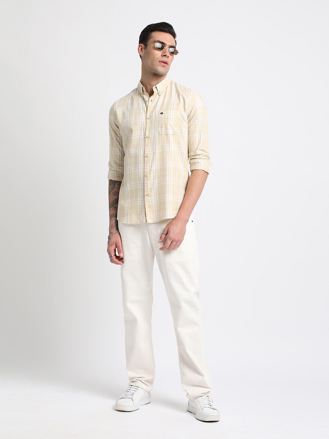 THE BEAR HOUSE Slim Fit Checked Button-Down Collar Twill Weave Pure Cotton Casual Shirt