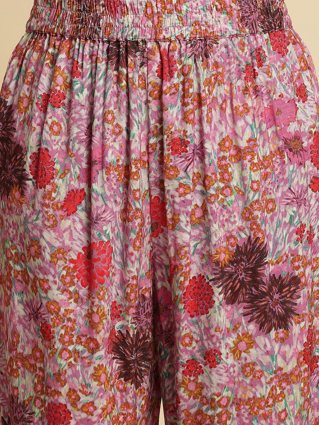 W Pink Floral Printed Keyhole Neck Straight Kurta With Trousers & Dupatta