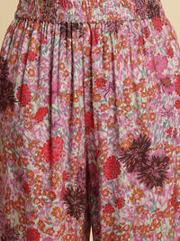 W Pink Floral Printed Keyhole Neck Straight Kurta With Trousers & Dupatta