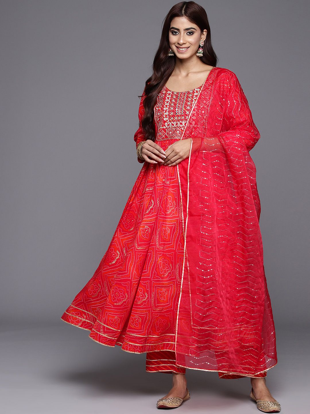 Libas Bandhani Printed Pleated Mirror Work Kurta with Trousers & Dupatta