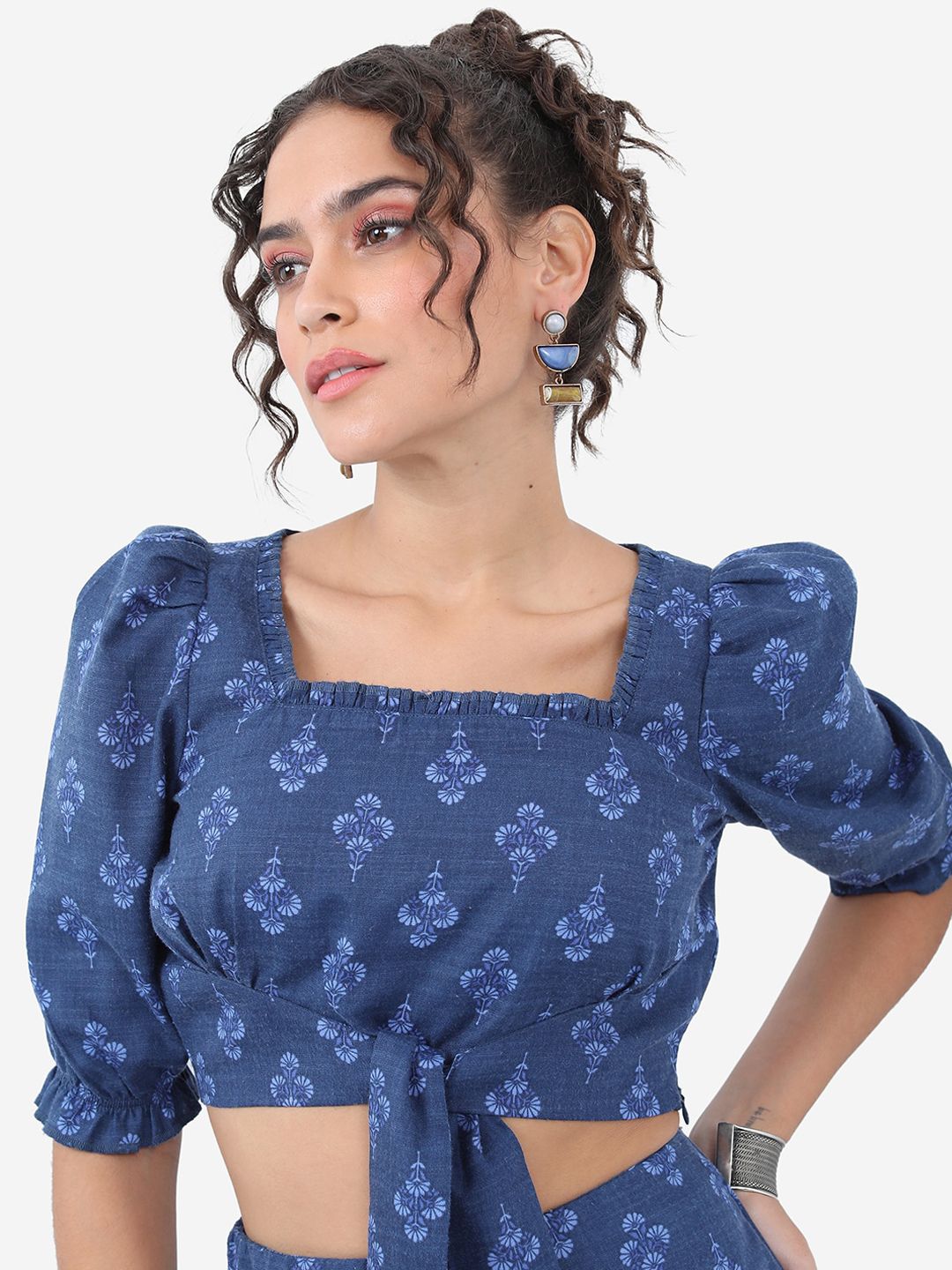 Vishudh Navy Blue Floral Printed Puff Sleeves Tie Ups Detail Regular Top With Palazzos