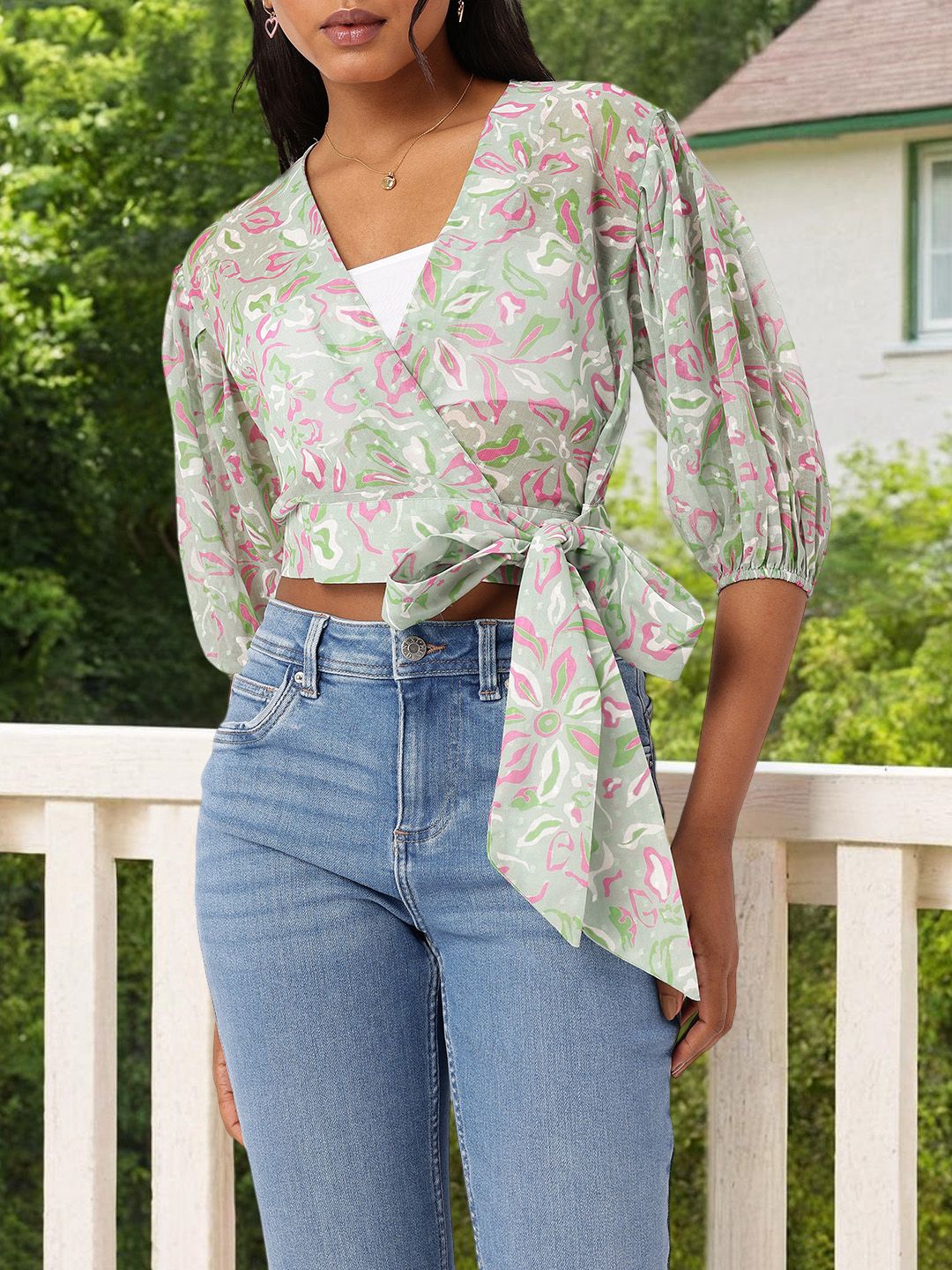 DressBerry Trendy Blossom Print Semi Sheer Crop Wrap Top With Inner Slip
