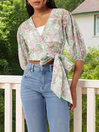 DressBerry Trendy Blossom Print Semi Sheer Crop Wrap Top With Inner Slip