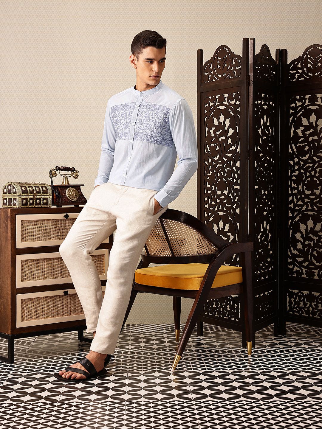 House of Pataudi Floral Embroidered Band Collar Pure Cotton Jashn Shirt