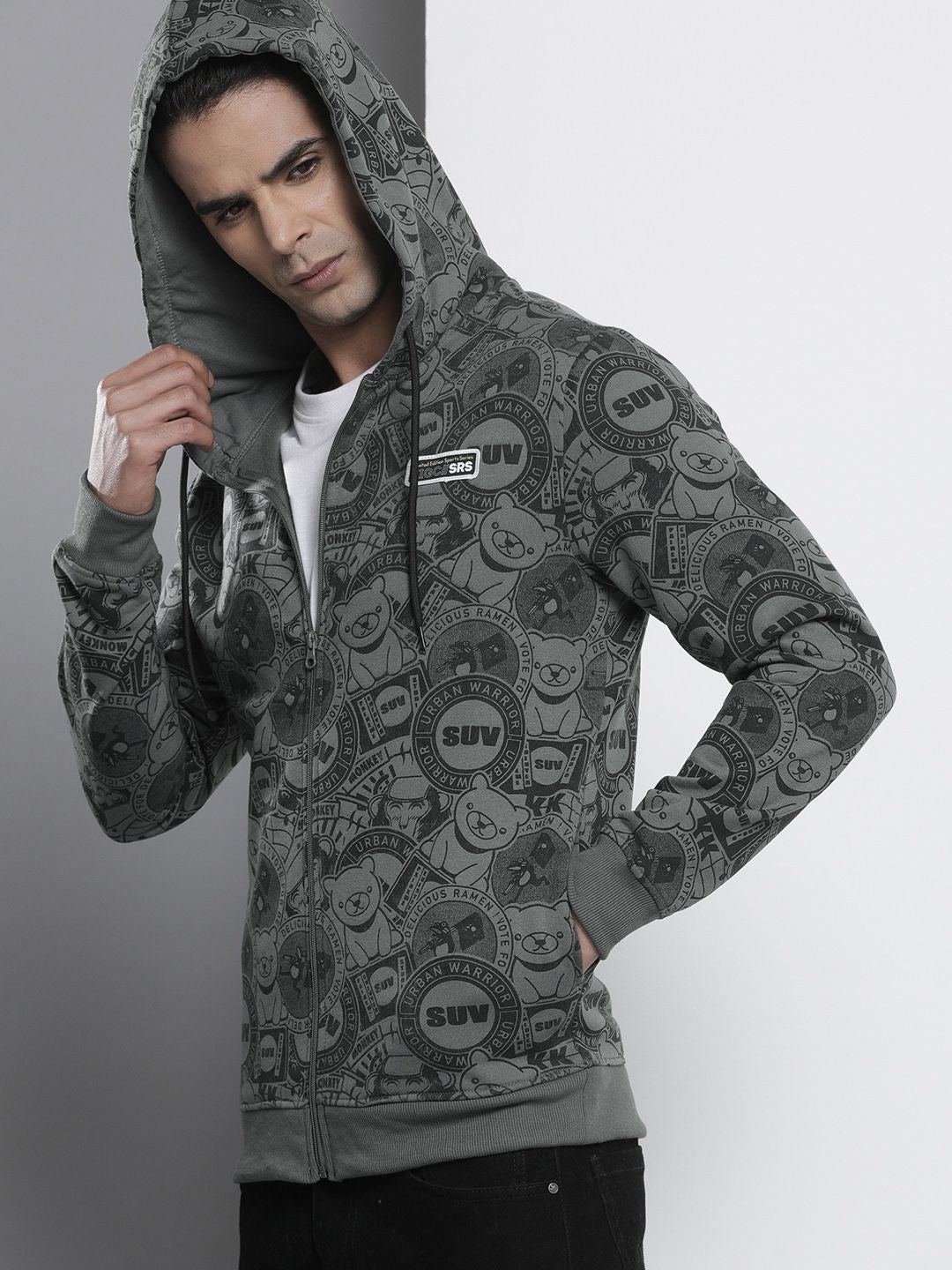The Indian Garage Co Men Charcoal Grey Printed Hooded Sweatshirt