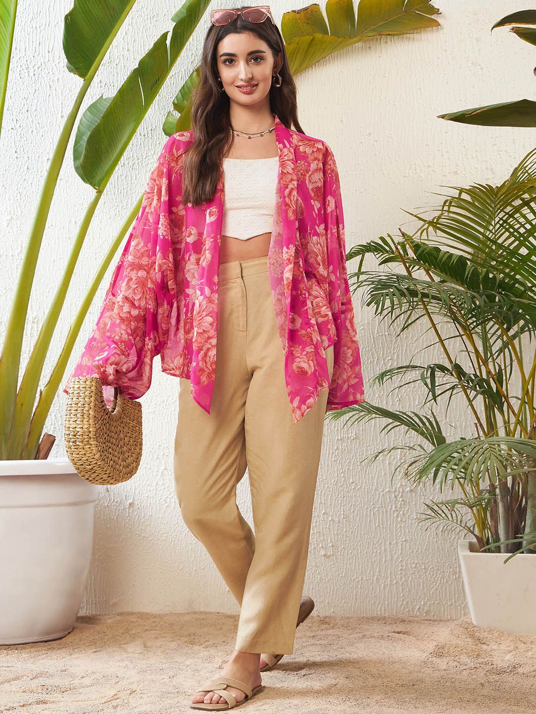 SASSAFRAS Pink Floral Printed Front Open Kimono Shrug