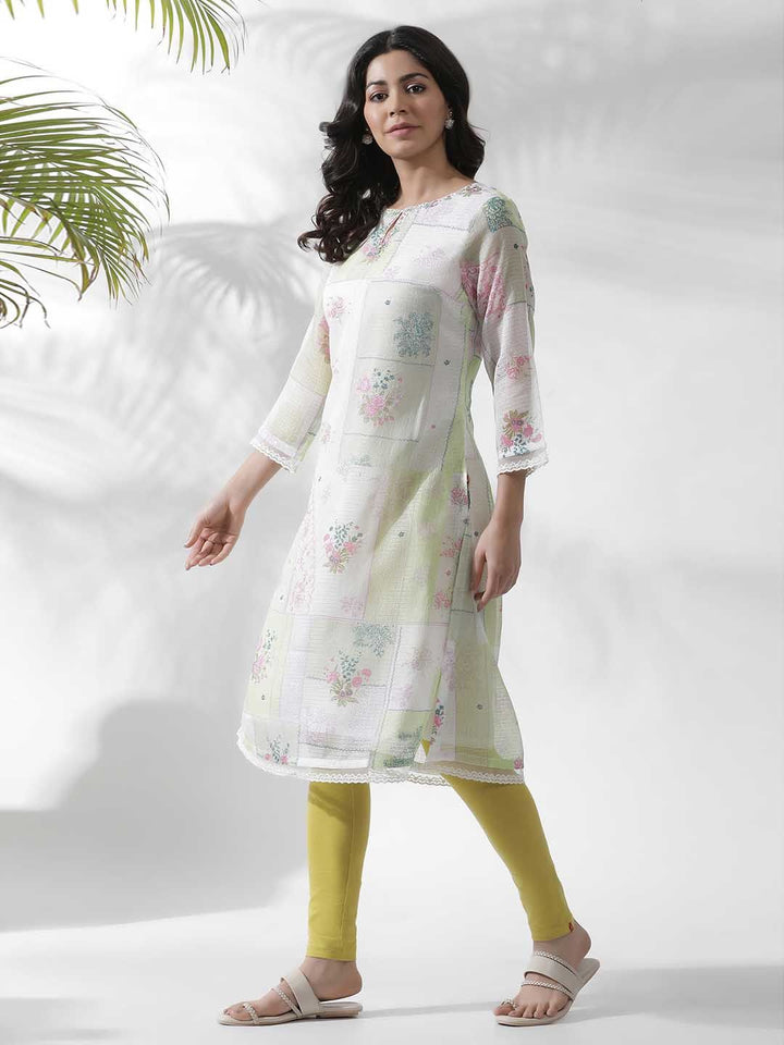 W Floral Printed Keyhole Neck Beads and Stones Kurta