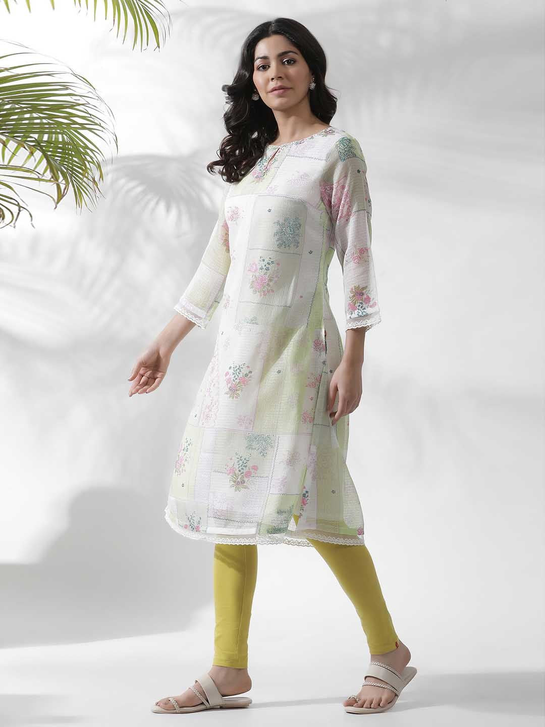 W Floral Printed Keyhole Neck Beads and Stones Kurta
