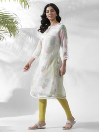 W Floral Printed Keyhole Neck Beads and Stones Kurta