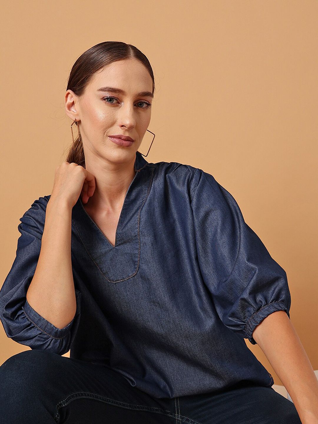 STREET 9 Puff Sleeved Cotton Denim Top