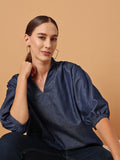 STREET 9 Puff Sleeved Cotton Denim Top
