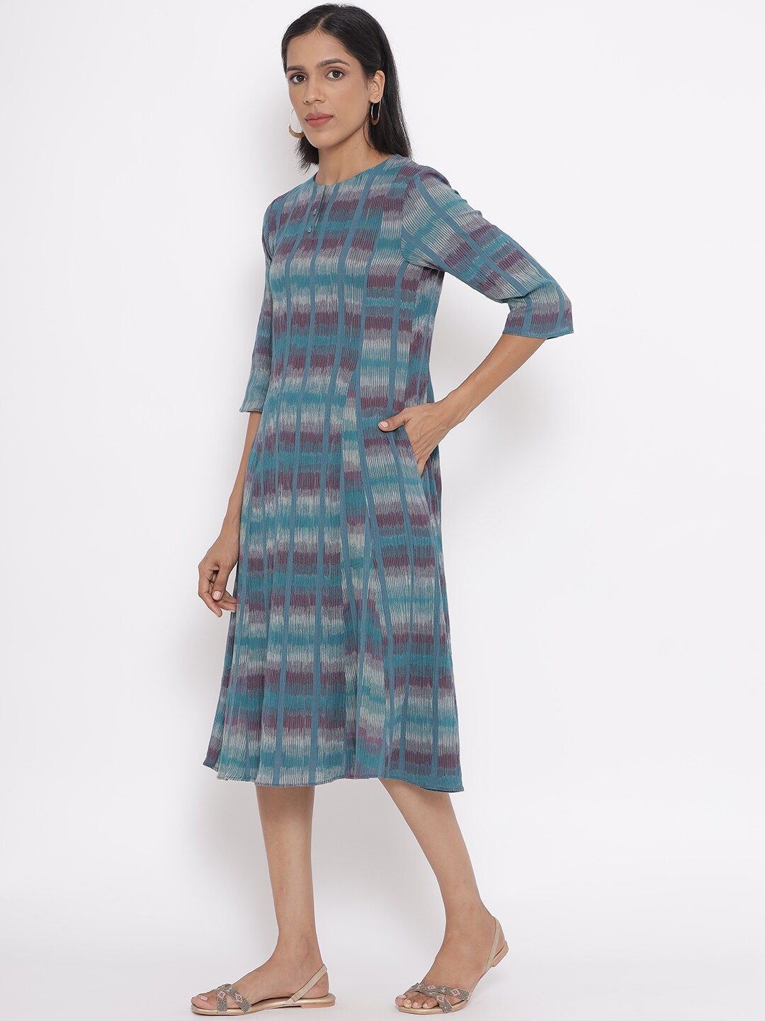 W Striped A-Line Midi Cotton Dress