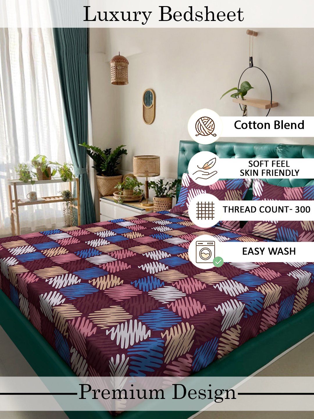 Myntra Elegant Homes Multicoloured Geometric 300 TC King Bedsheet with 2 Pillow Covers