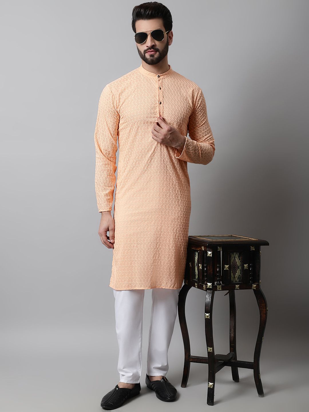 Jompers Men Orange Embroidered Chikankari Pure Cotton Kurta with Pyjamas