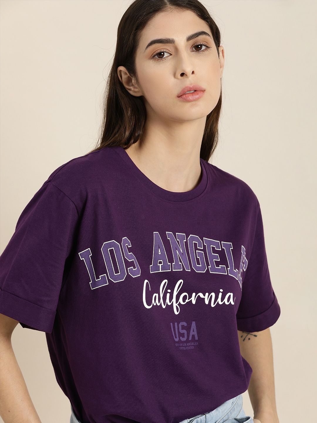 DILLINGER Women Purple Typography Printed Drop-Shoulder Sleeves Oversized Pure Cotton T-shirt