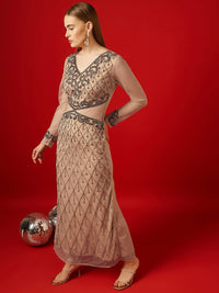 STREET 9 Embellished Long Sleeves Net Maxi Dress