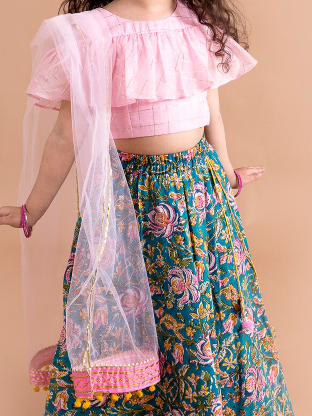 pspeaches Girls Blue & Pink Ready to Wear Lehenga & Blouse With Dupatta