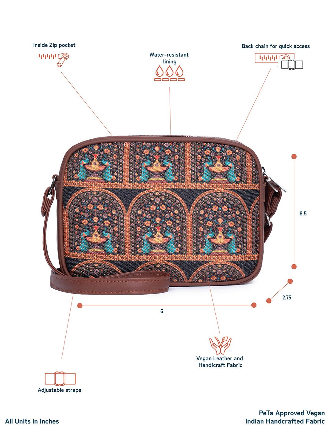 ZOUK Brown Peacock Structured Sling Bag