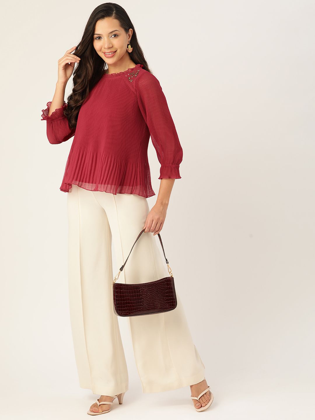 Antheaa Embellished Pleated Chiffon A-Line Top