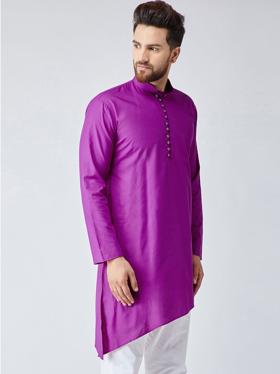 SOJANYA Lelaki Ungu Pepejal Kurta Lurus Asimetri