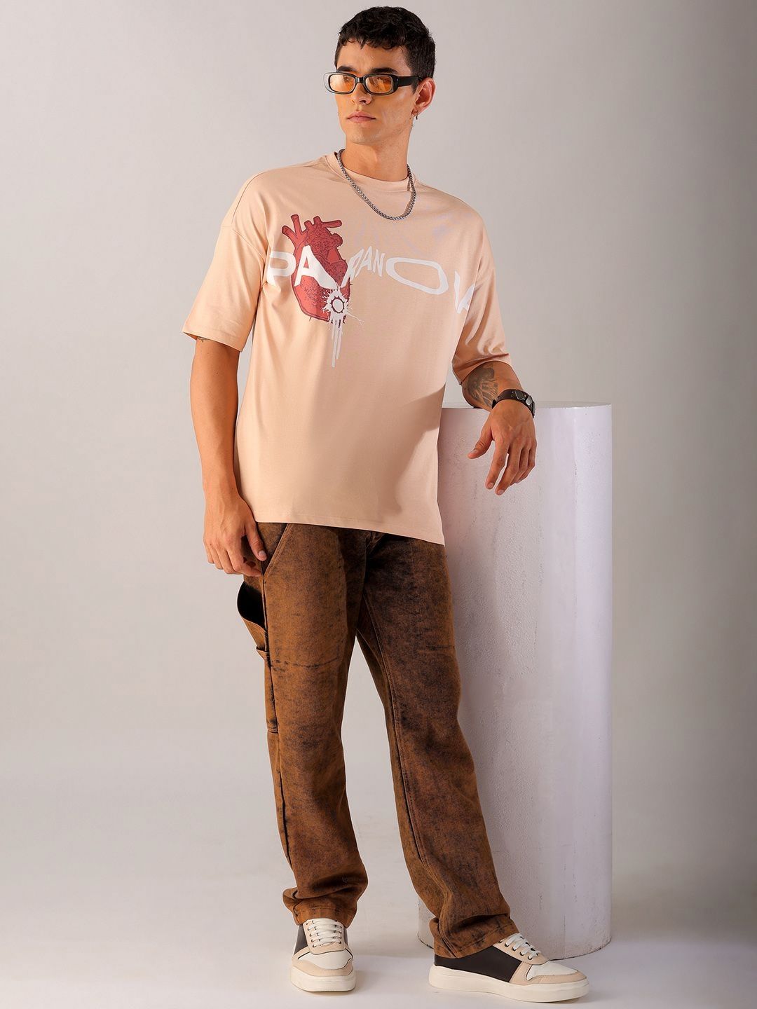 The Indian Garage Co Men Pure Cotton Typography Printed Applique Boxy Oversized T-shirt