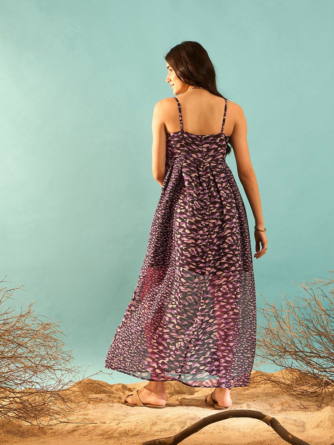 Berrylush Black Animal Printed Shoulder Straps Maxi Dress