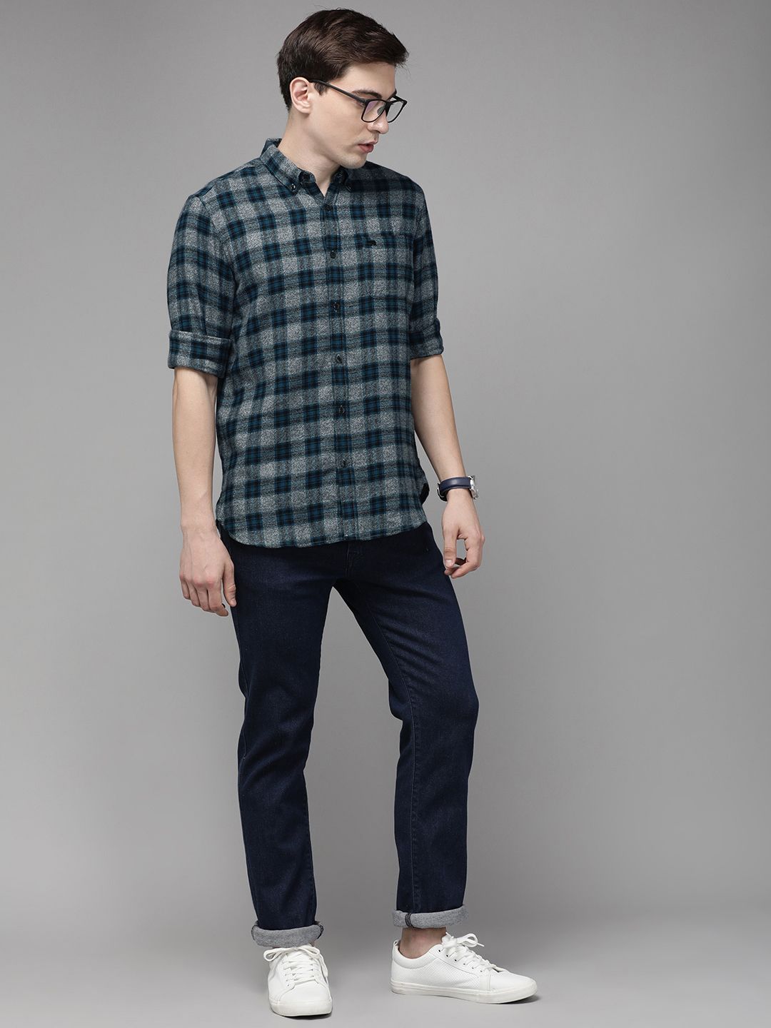 THE BEAR HOUSE Men Grey Slim Fit Pure Cotton Checked Casual Shirt