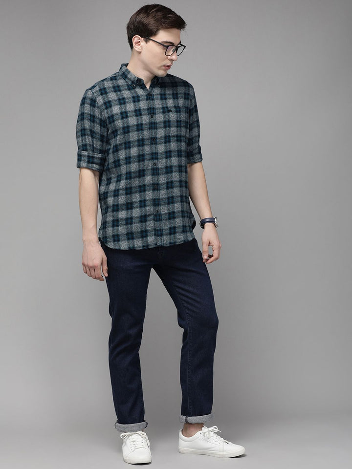 THE BEAR HOUSE Men Grey Slim Fit Pure Cotton Checked Casual Shirt