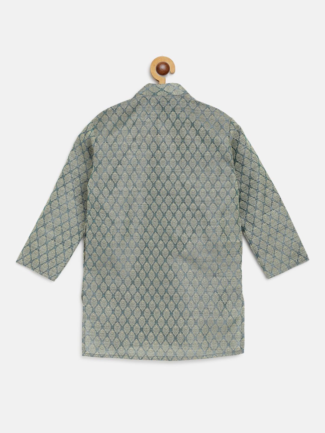 SOJANYA Boys Sea Green & Golden Woven Design Jacquard Weave Band Collar Kurta