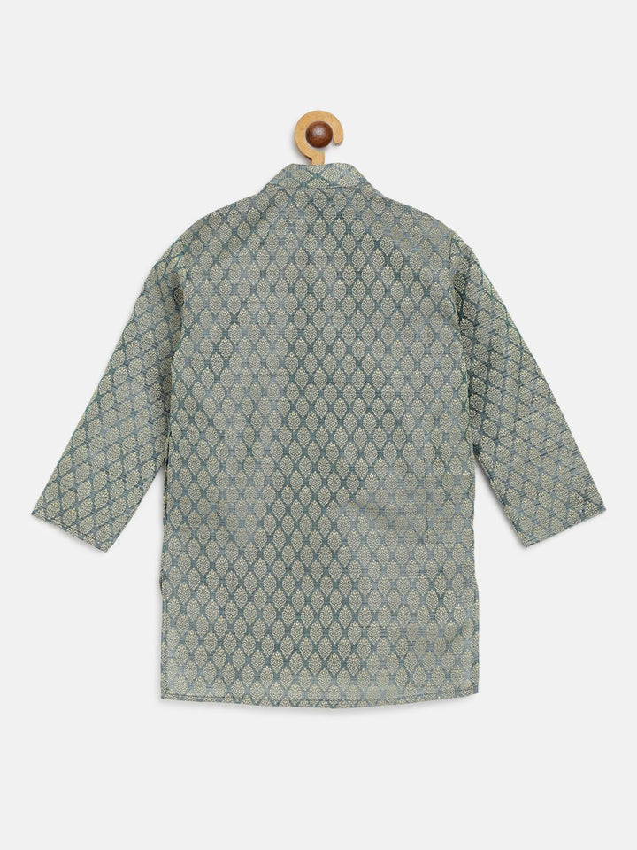 SOJANYA Boys Sea Green & Golden Woven Design Jacquard Weave Band Collar Kurta
