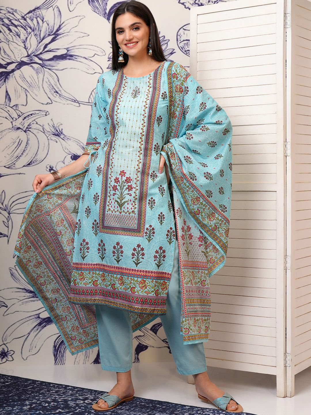 Vishudh Floral Printed Regular Pure Cotton Straight Kurta with Trousers & Dupatta