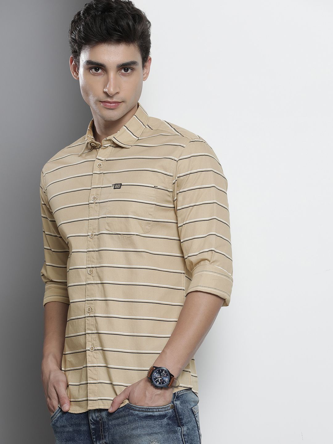 The Indian Garage Co Men Beige Horizontal Striped Casual Shirt